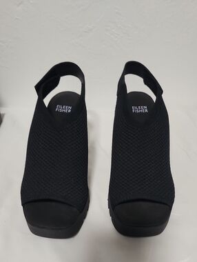 Eileen Fisher Black Knit Open-Toe Slingback Wedge Mules